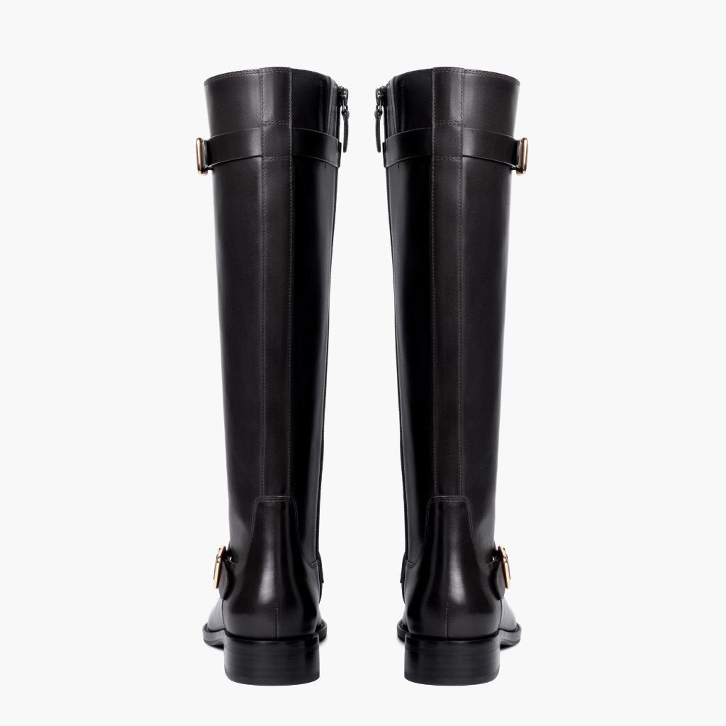 Buckle Strap Riding Boots, Knee High Leather Zip Up