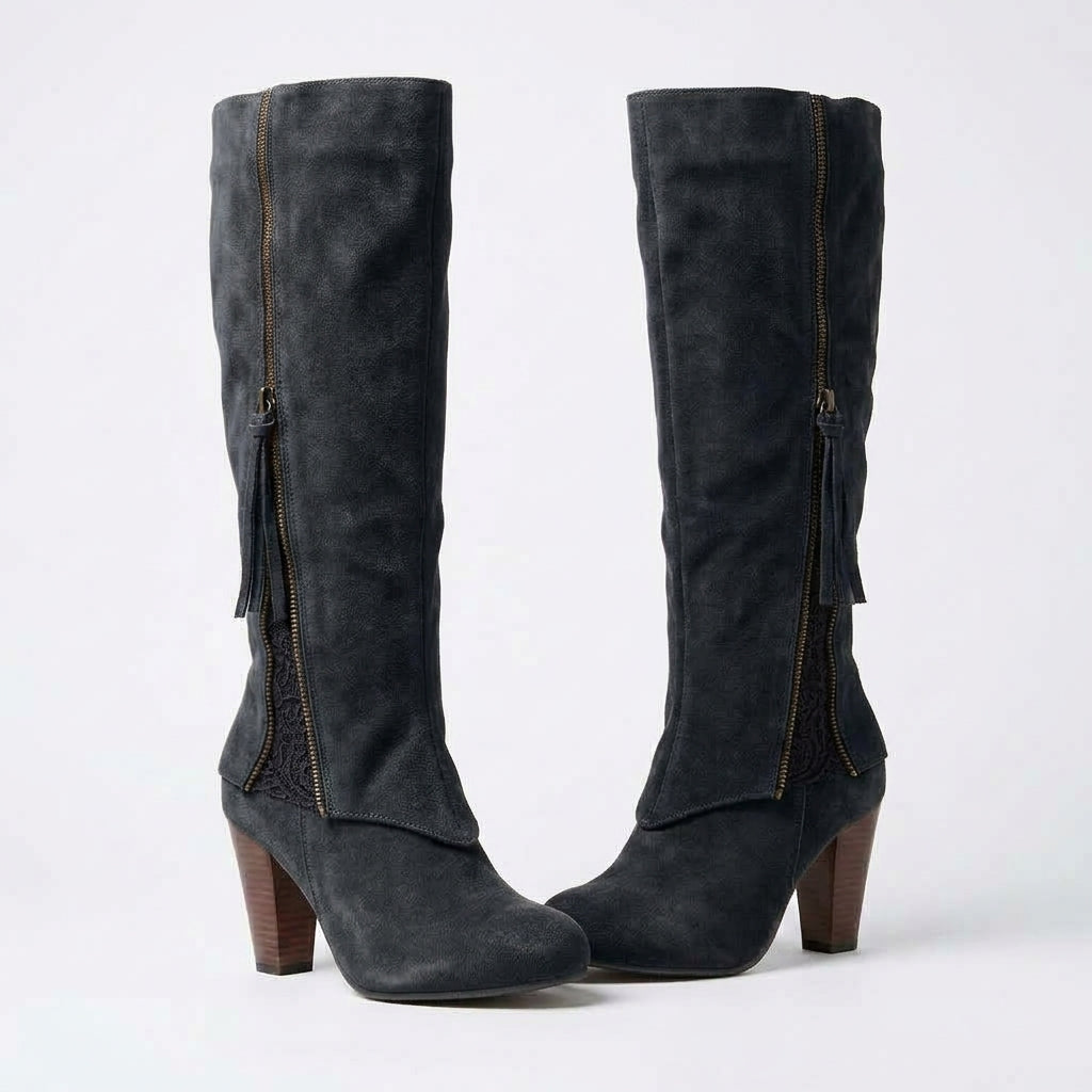 Knee High Boots with Lace Inset Zip and Folded Cuff