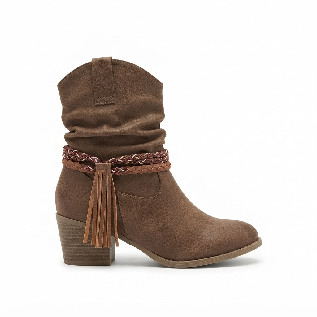 Slouch Western Boots, Braided Tassel Trim Block Heel