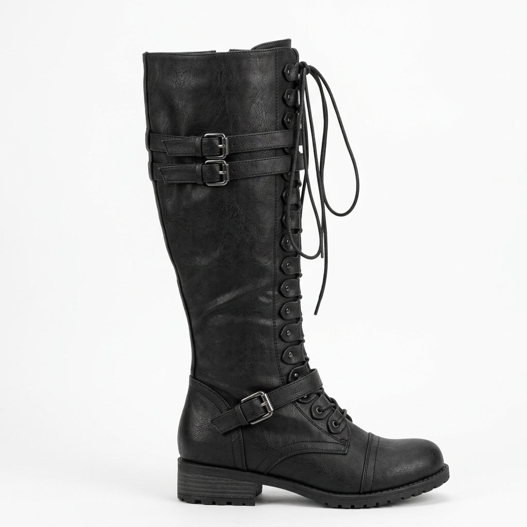 Lace Up Knee High Boots, Double Buckle Low Heel Shaft
