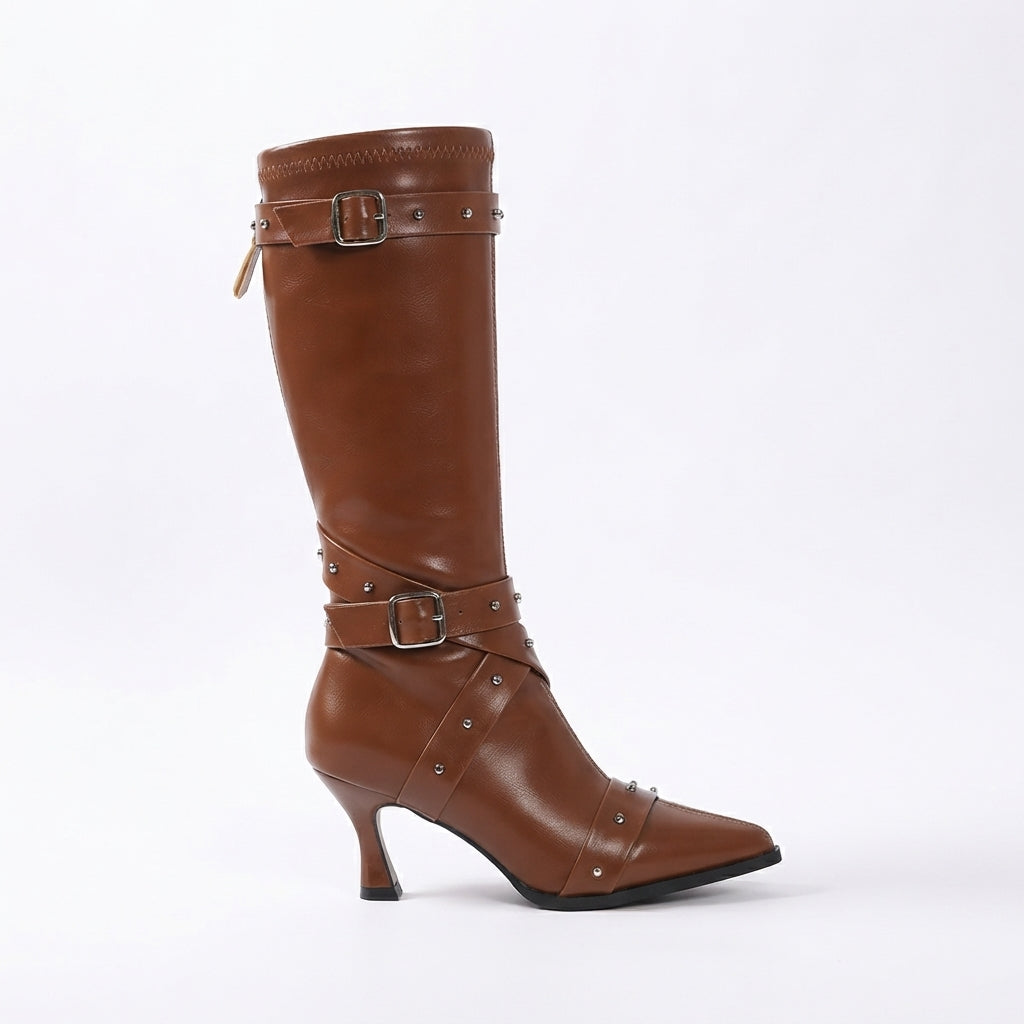 Studded Knee High Heeled Boots, Pointed Toe Buckles