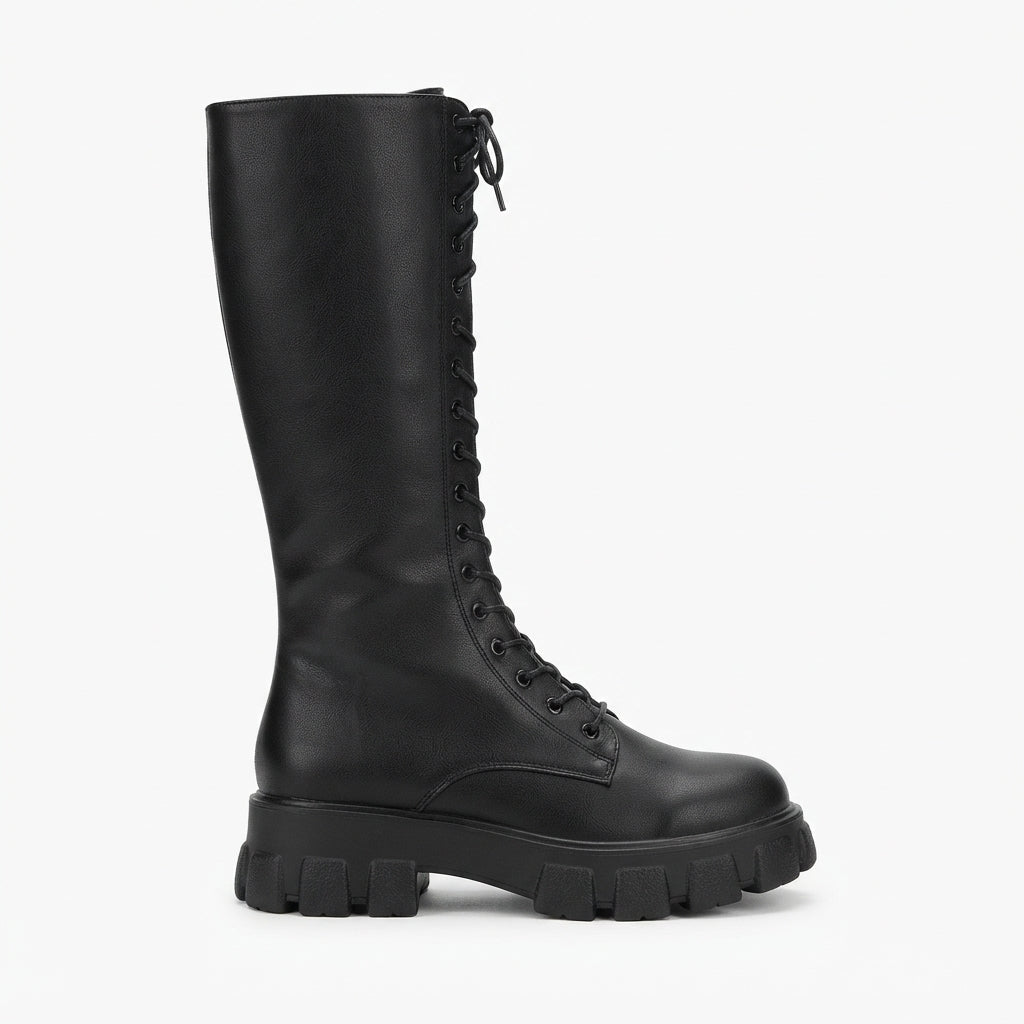 Platform Combat Boots, Knee High Lace Up Chunky Sole