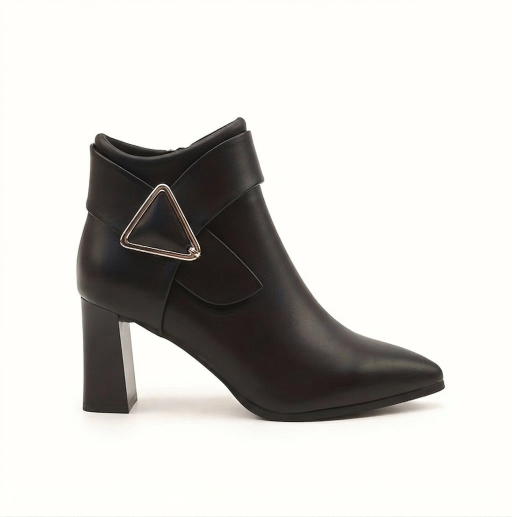 Pointed Toe Ankle Boots, Block Heel Side Zip Buckle