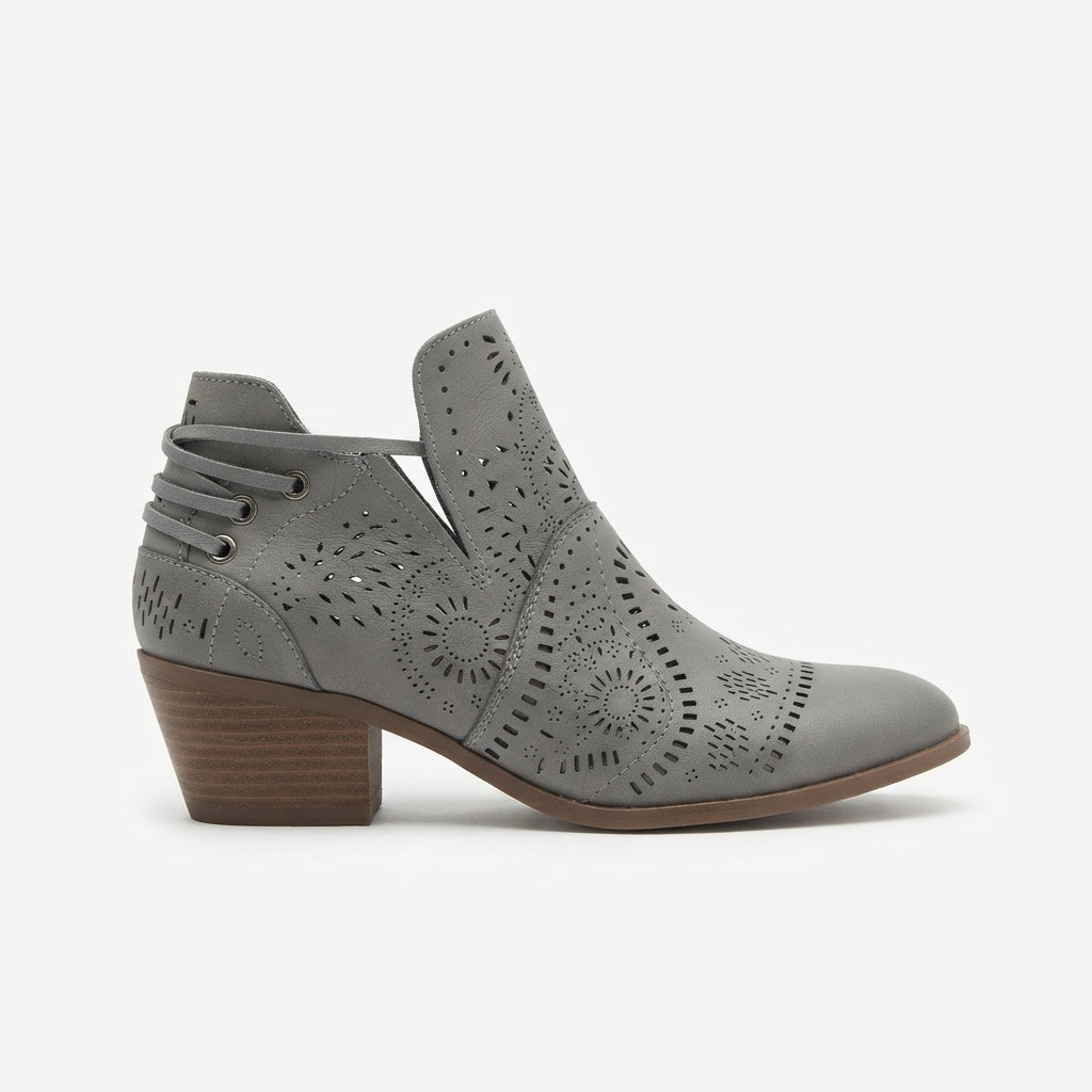 Cutout Ankle Boots, Low Block Heel Laser Cut Detail