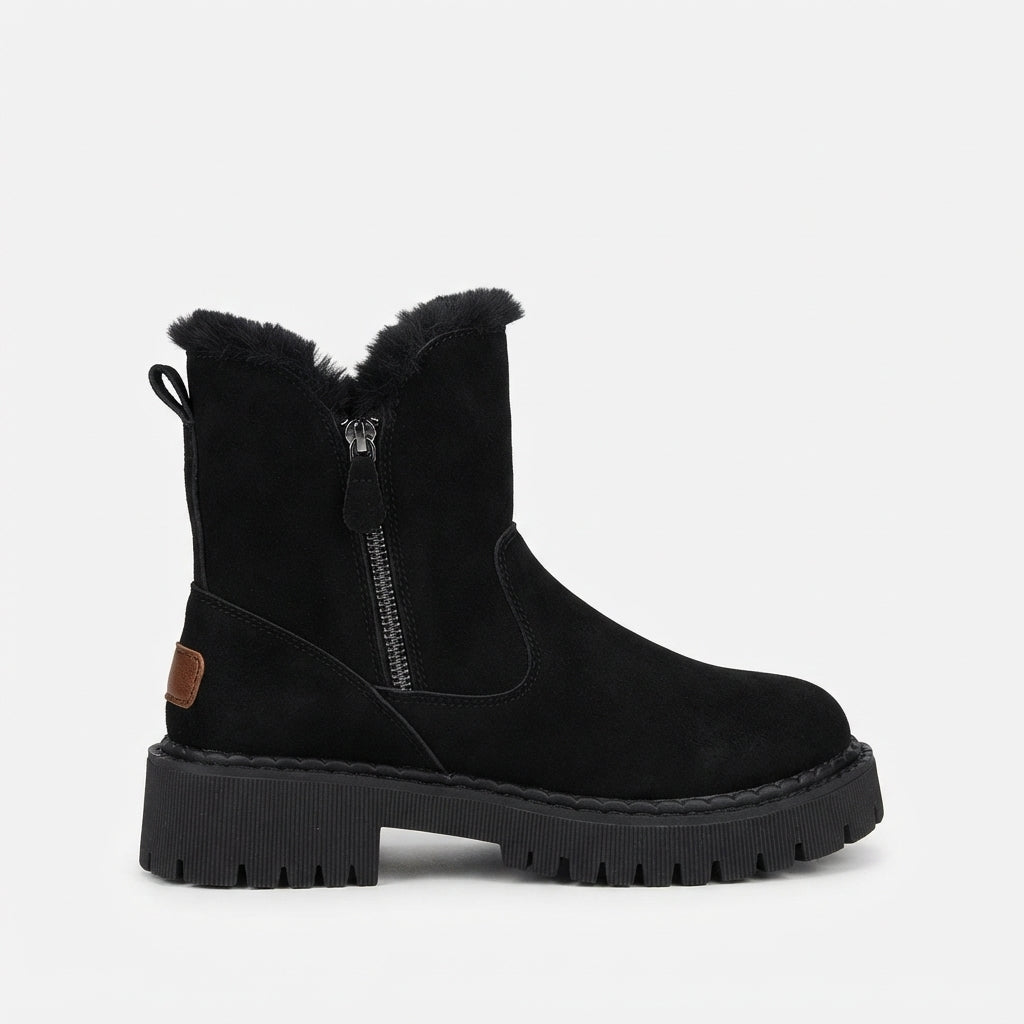 Faux Fur Trim Snow Boots, Side Zip and Lug Grip Sole