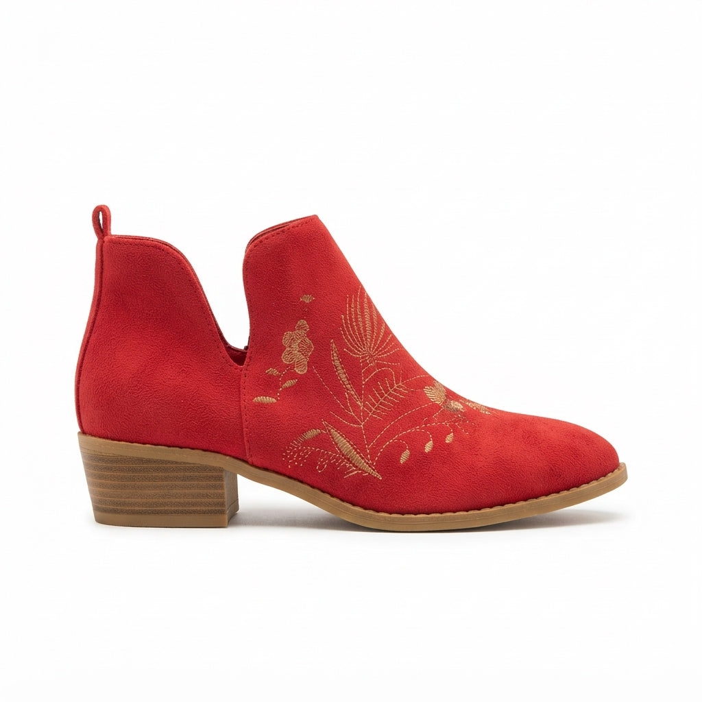 Embroidered Suede Ankle Boots, Low Block Heel Shape