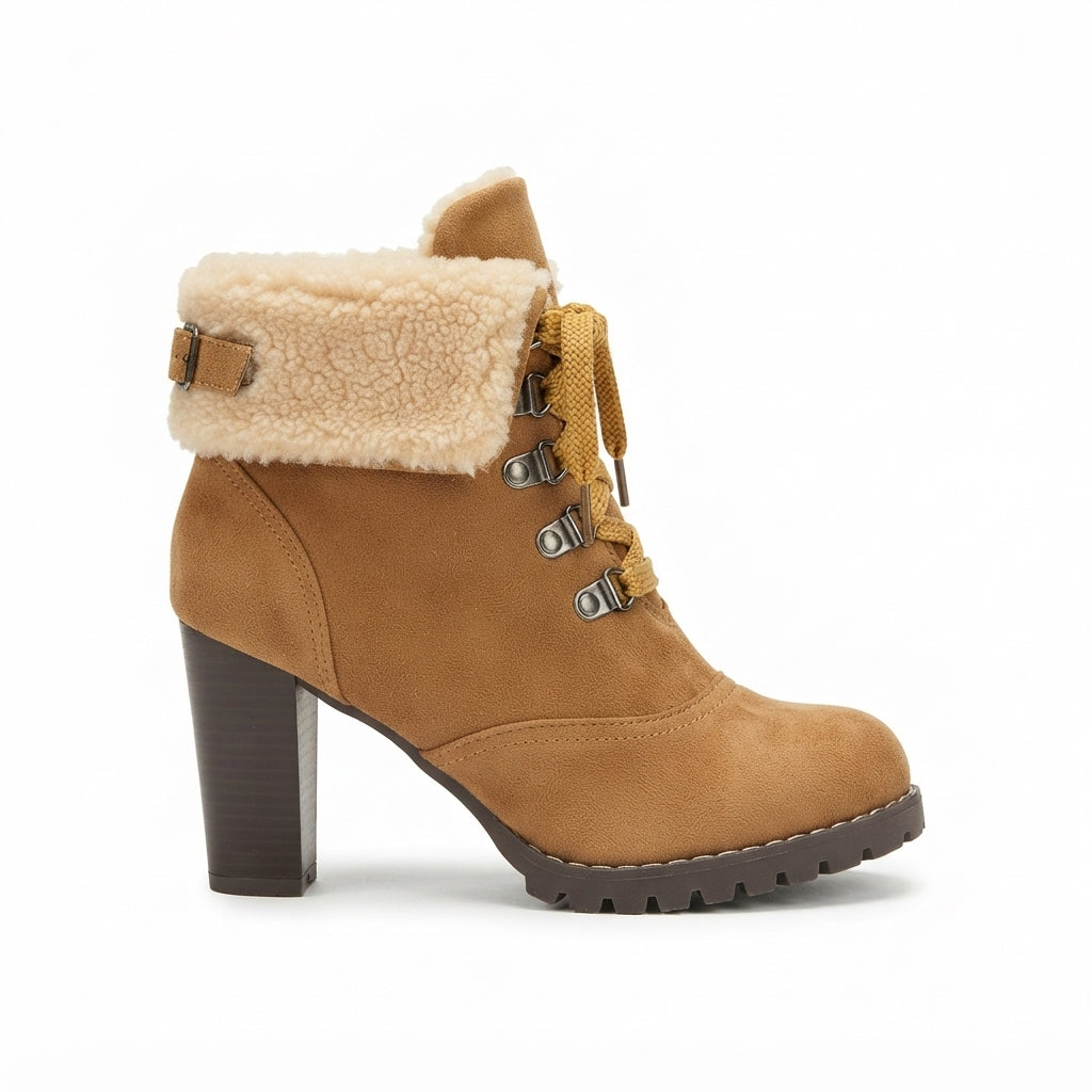 Faux Fur Collar Ankle Boots, Lace Up Chunky Block Heel