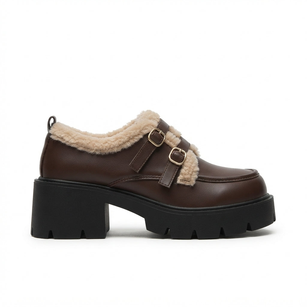 Platform Monk Strap Shoes, Sherpa Trim Double Buckle