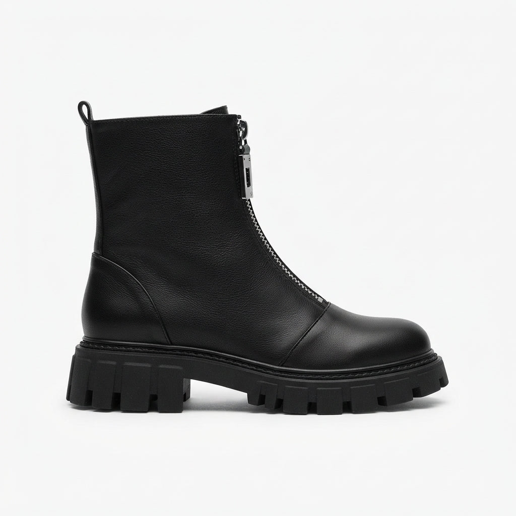 Chunky Platform Ankle Boots, Front Zip Leather Look