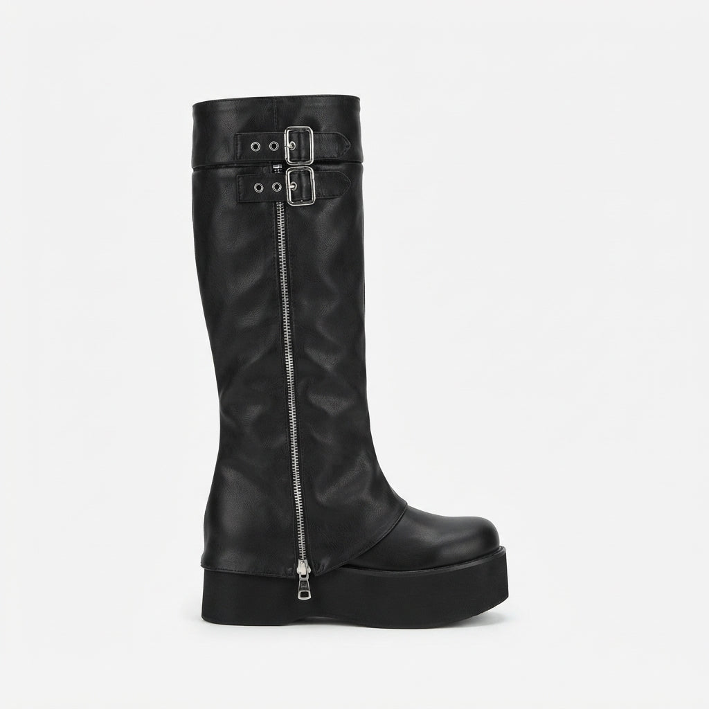Leather-Look Knee High Platform Boots, Buckle Wedge