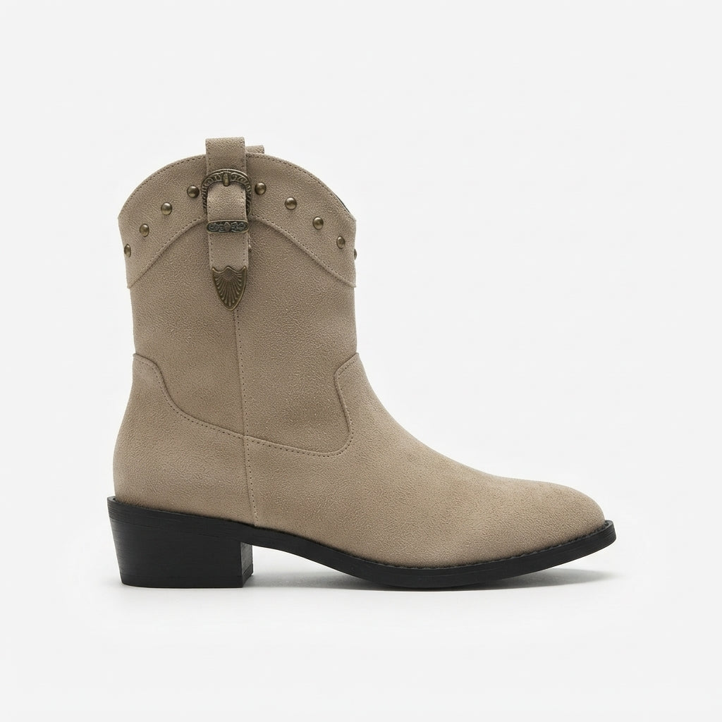Mid Calf Cowboy Boots, Pointed Toe Studded Buckle Strap