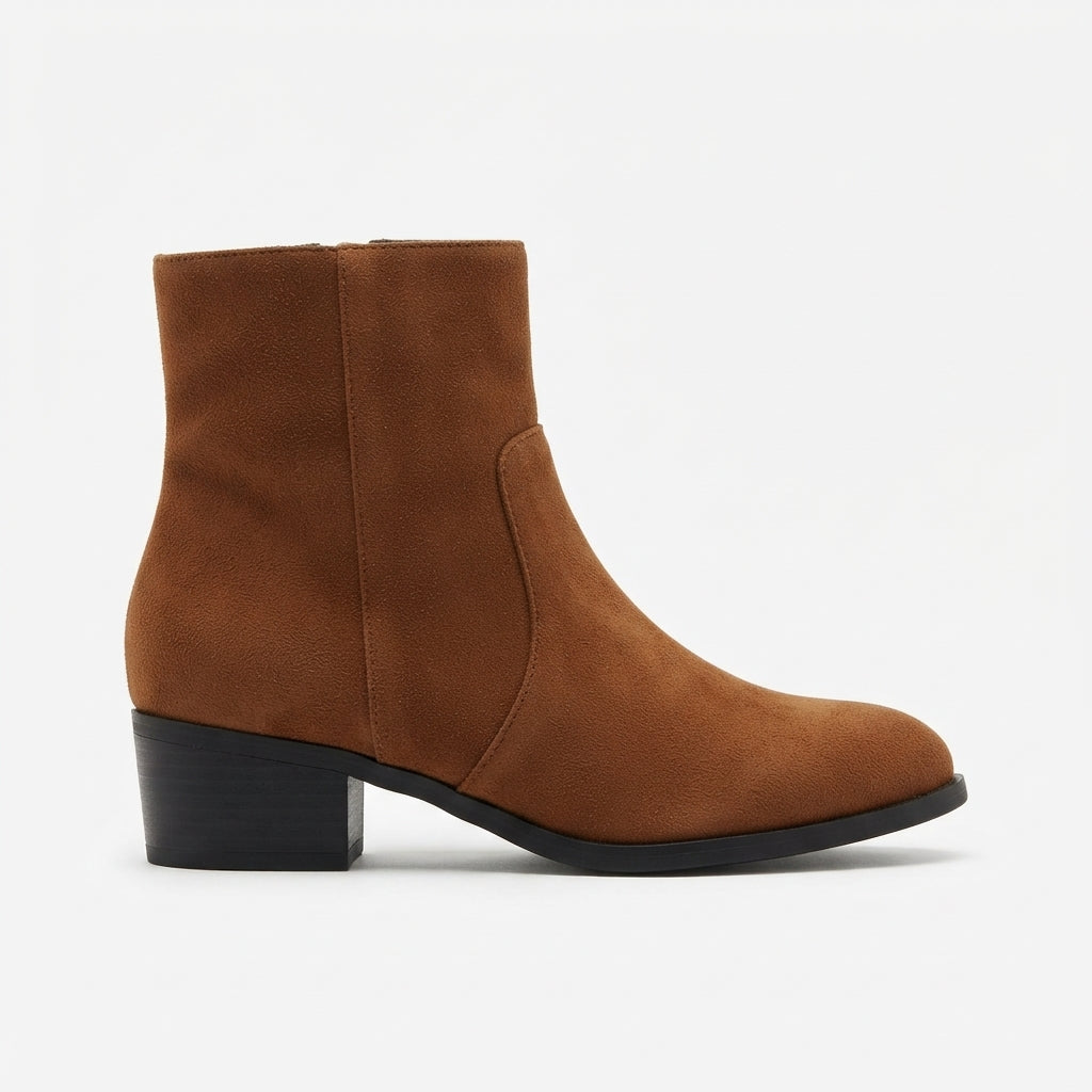 Suede Look Ankle Boots, Low Block Heel Side Zip Fit