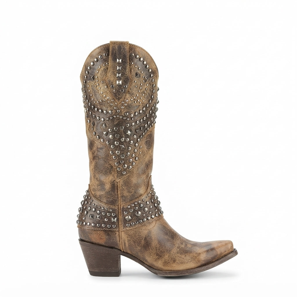 Studded Knee High Cowboy Boots, Leather Pointed Toe