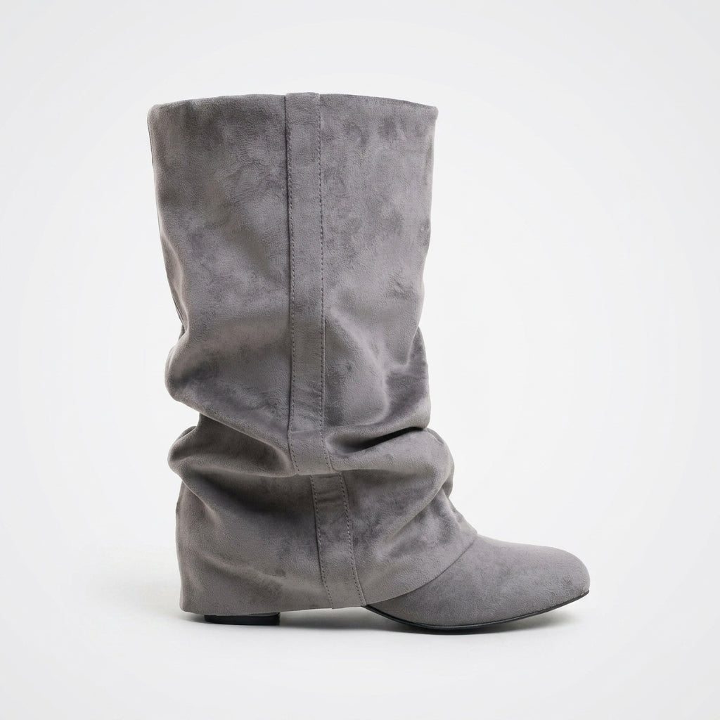 Slouch Suede Boots, Hidden Heel Round Toe Tall Shaft