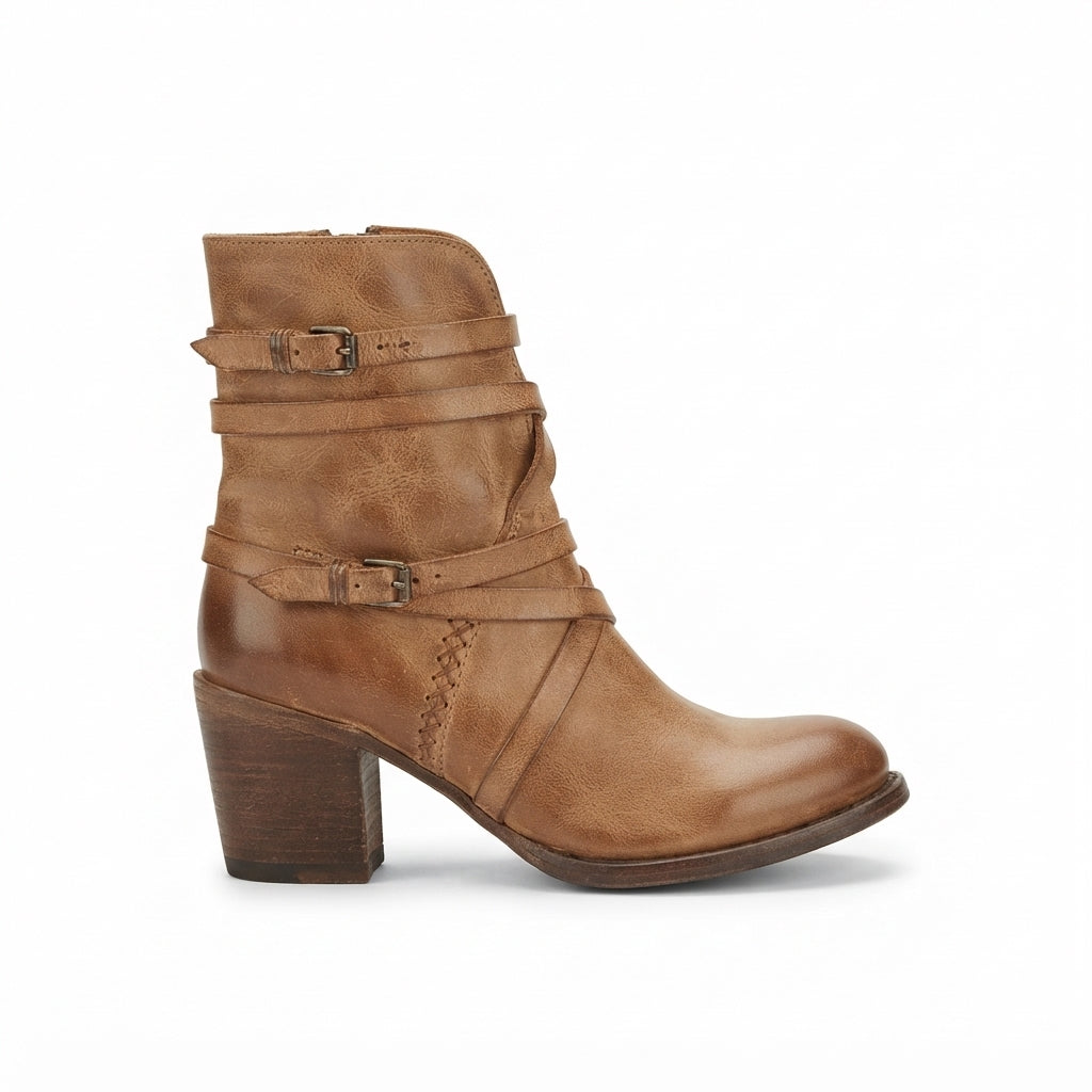 Heeled Biker Boots, Buckle Strap Lined Suede Style