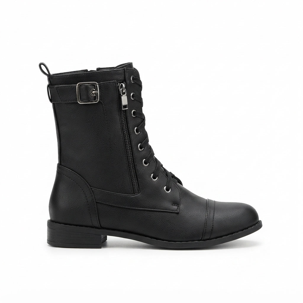 Faux Leather Biker Boots, Arch Support Buckle Strap