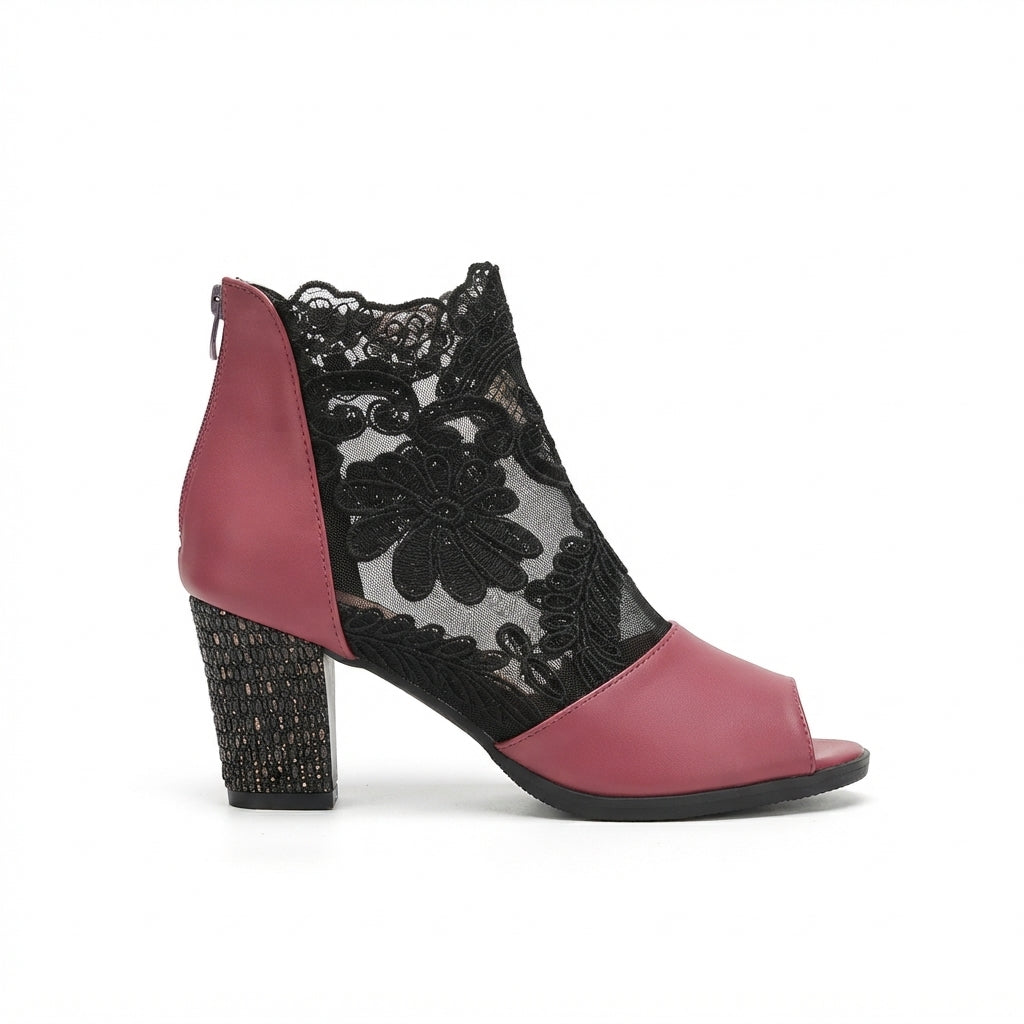 Floral Lace Peep Toe Ankle Boots, Block Heel Back Zip