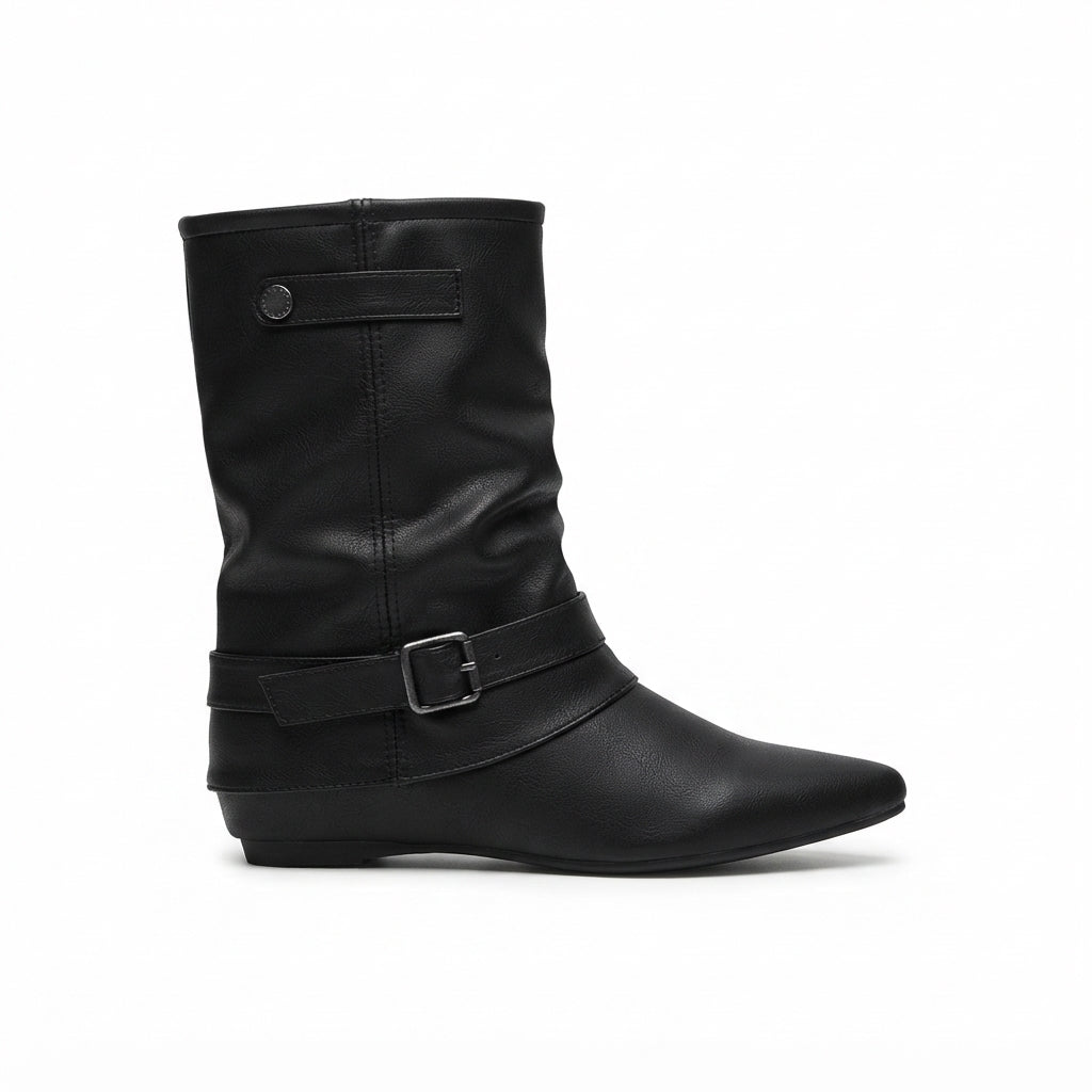 Slouch Boots with Buckle Strap and Hidden Wedge Heel