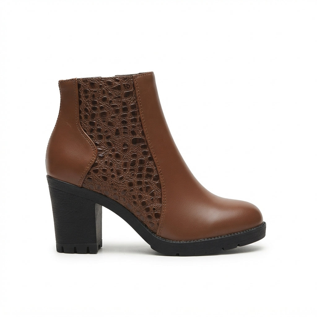 Croc Embossed Ankle Boots, Block Heel and Back Zip