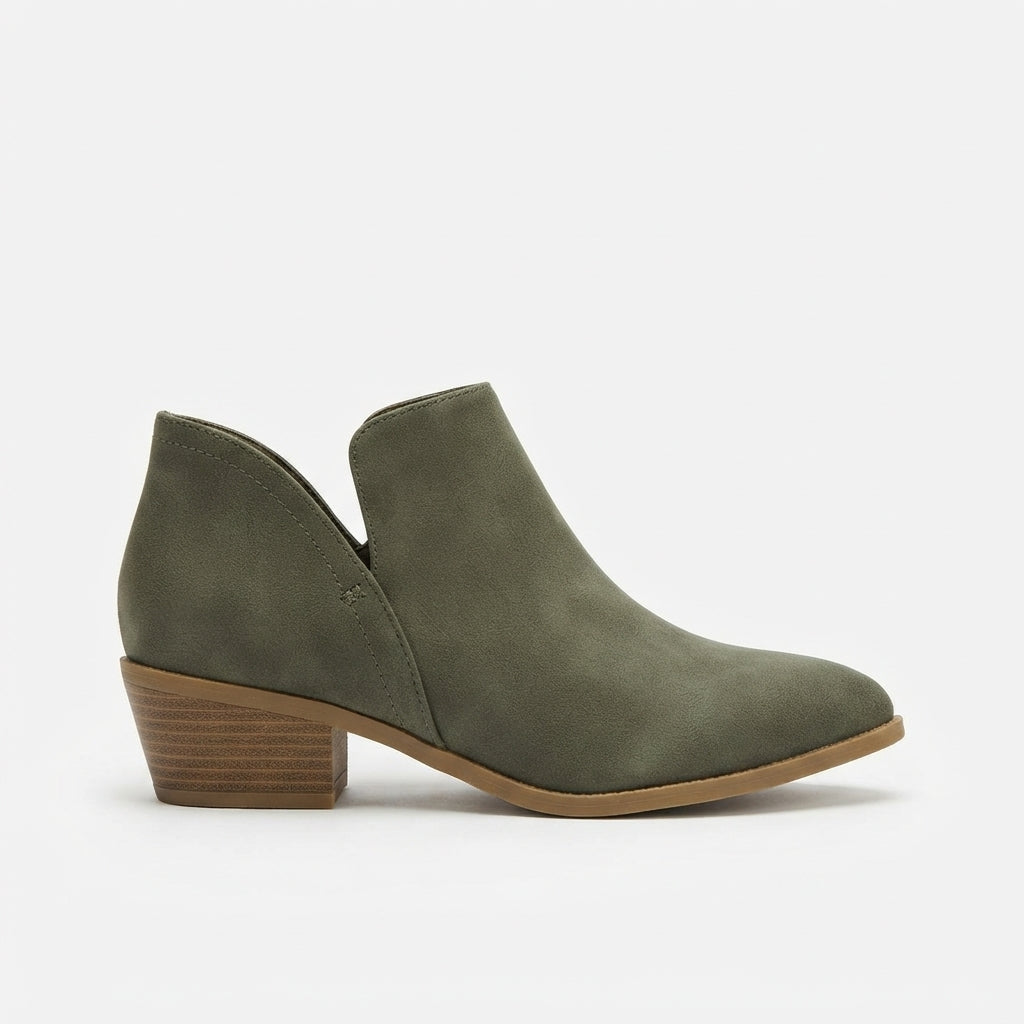Pointed Toe Ankle Boots, Stacked Block Heel Suede Look