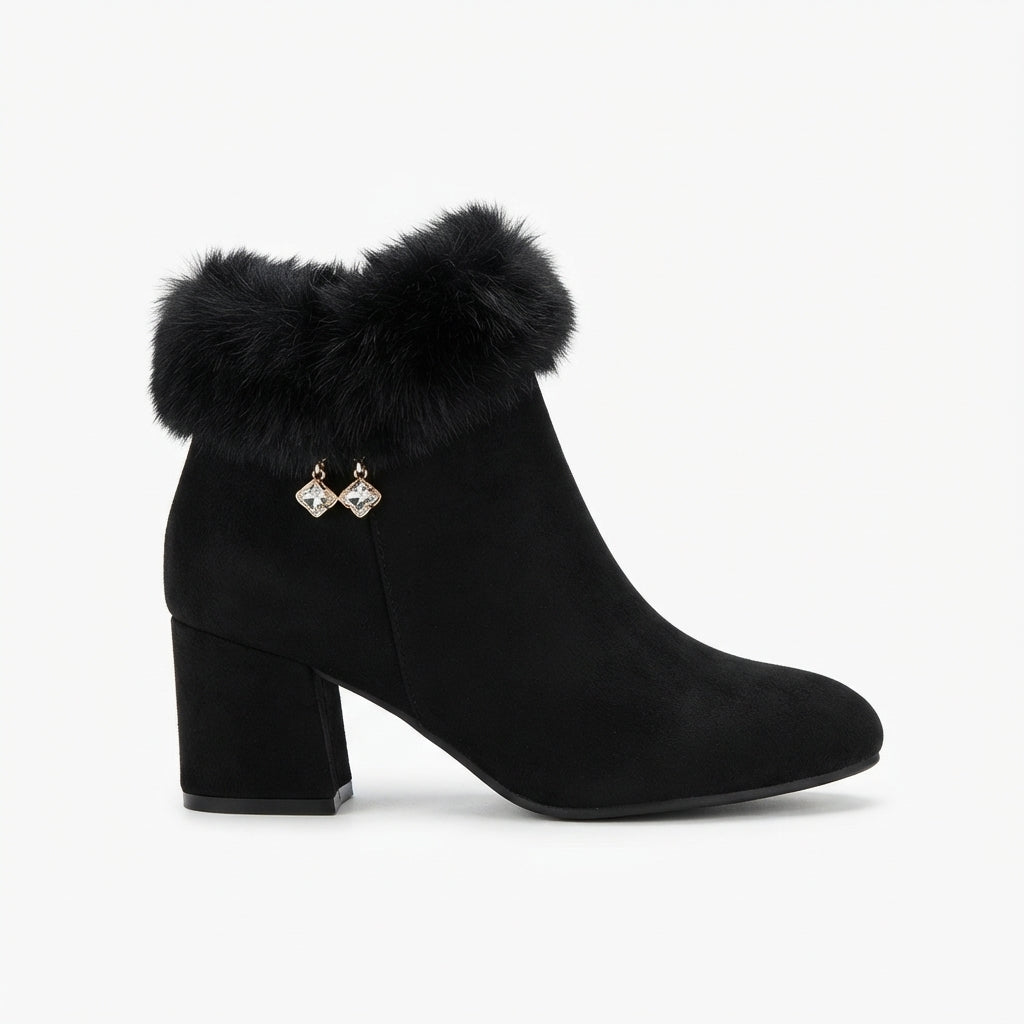 Faux Fur Trim Ankle Boots, Block Heel Warm Side Zip