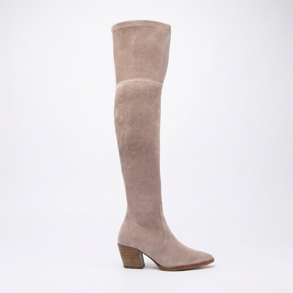 Stretch Over The Knee Boots, Beige Stacked Block Heel