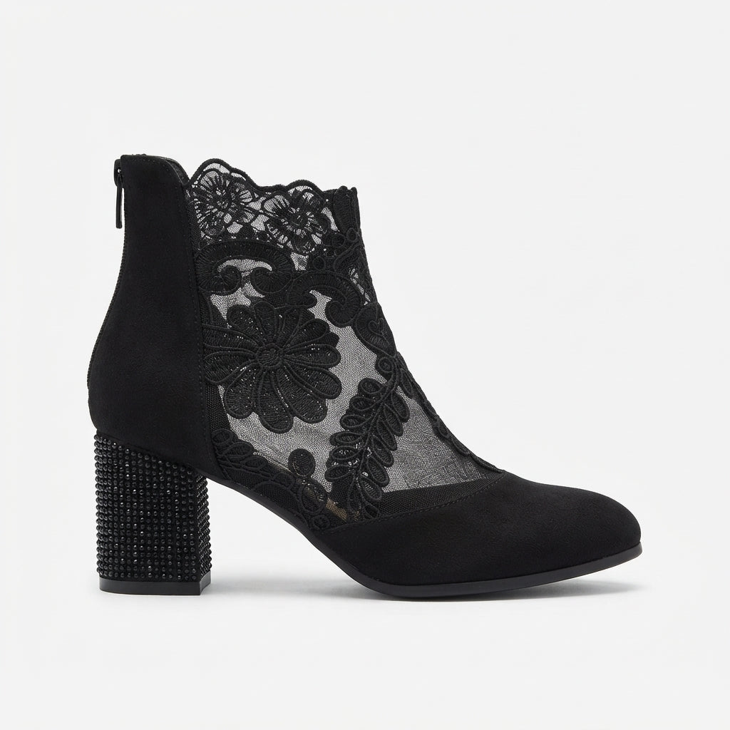 Floral Lace Ankle Boots, Wide Block Heel Padded Insole