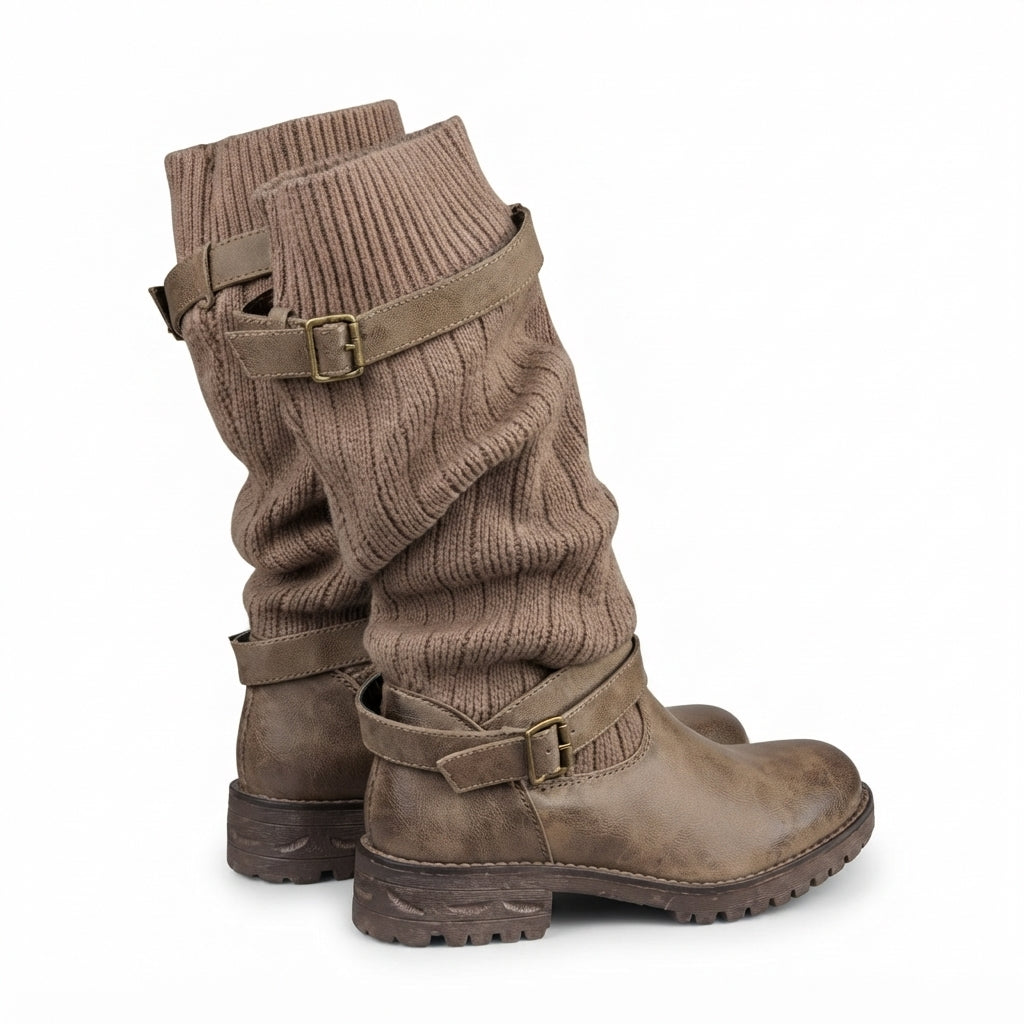 Ribbed Knit Slouch Winter Boots, Chunky Lug Sole Grip