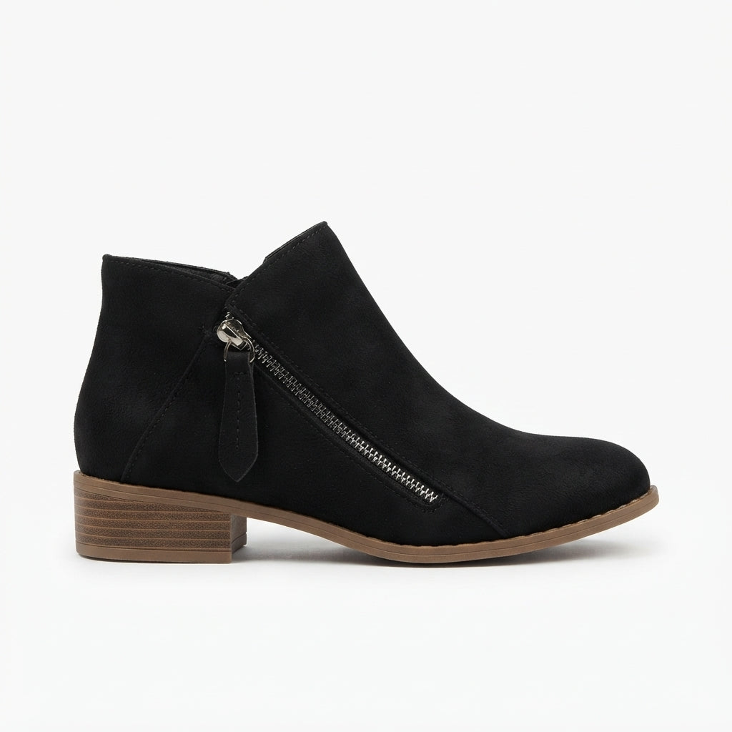 Round Toe Ankle Boots, Stacked Block Heel Side Zip
