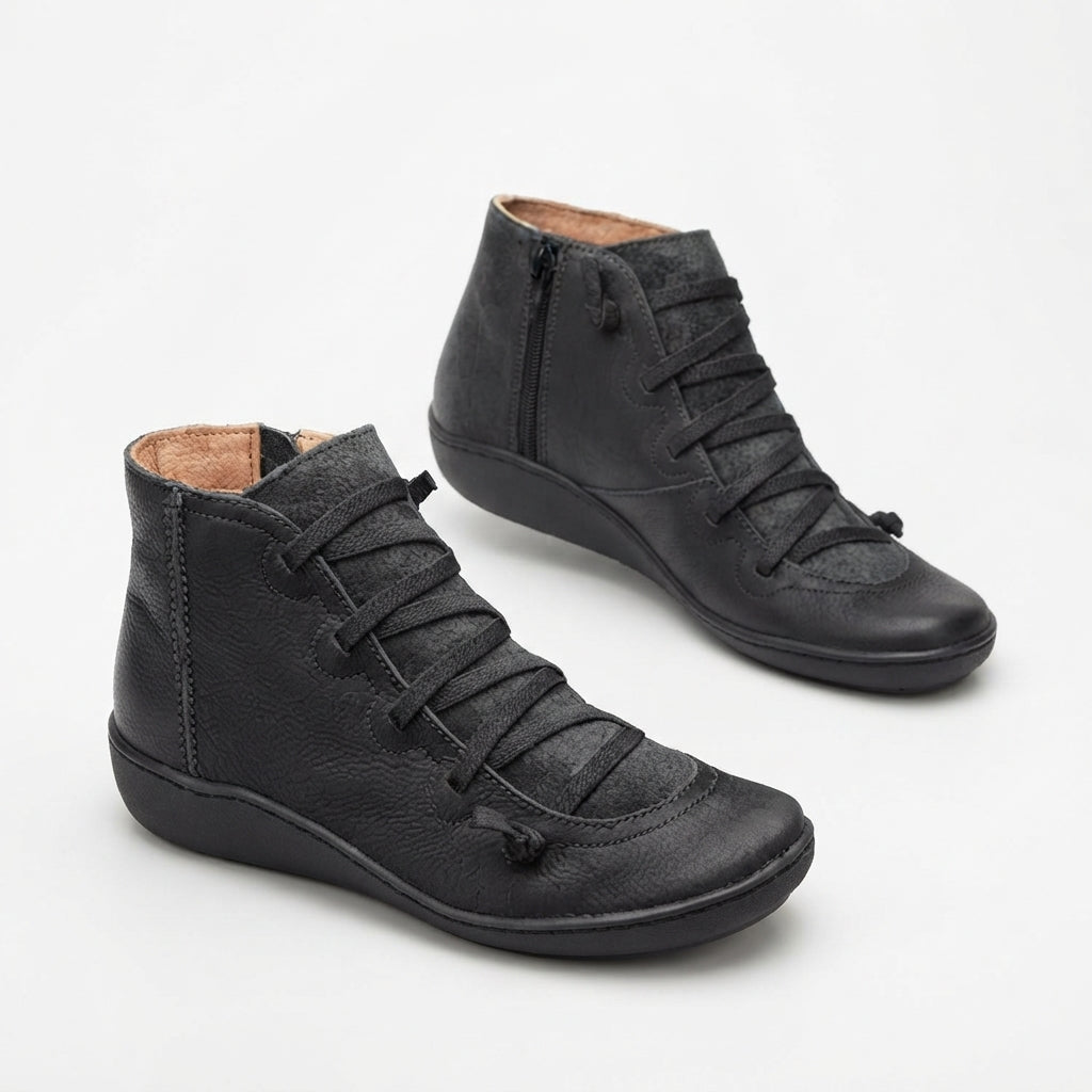 Leather Lace Up Ankle Boots, Side Zip Supportive Insole