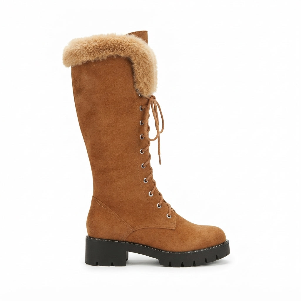Faux Fur Trim Knee High Boots, Lace Up Lug Sole Pair