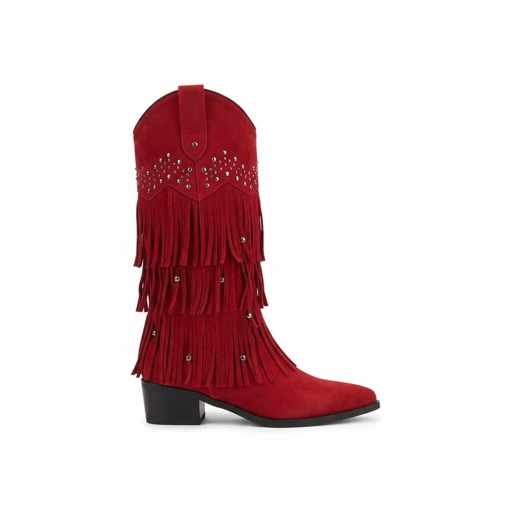 Fringe Knee High Cowboy Boots, Suede Stacked Block Heel