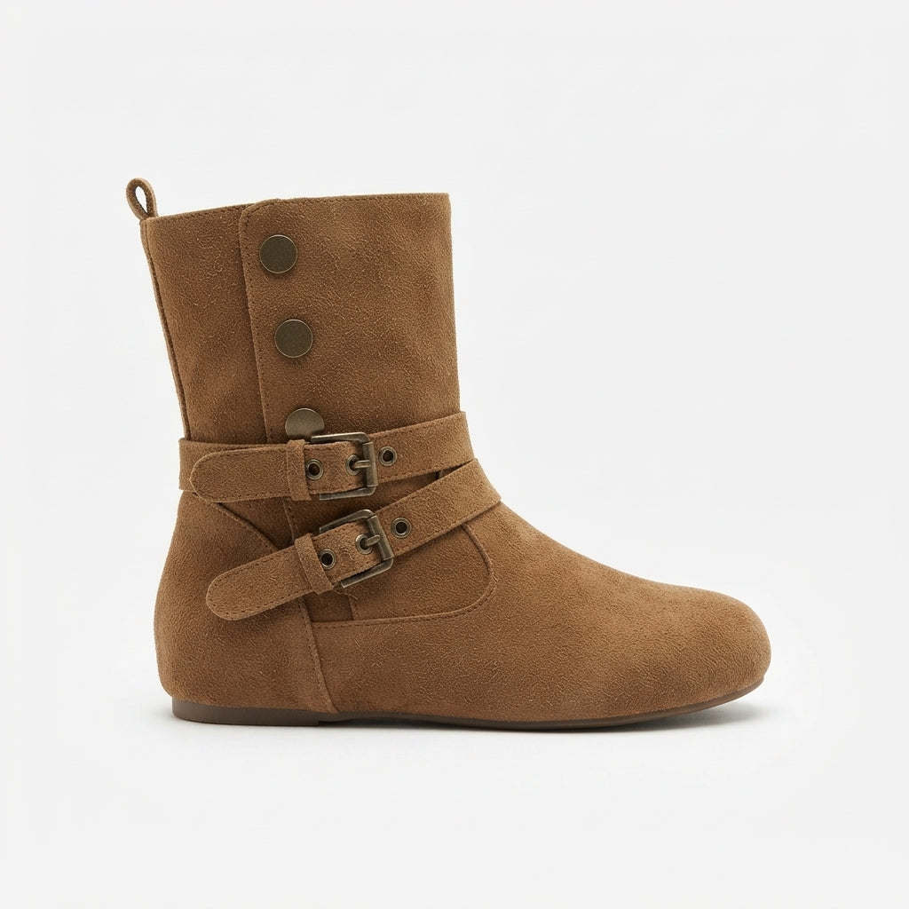 Suede Biker Boots, Double Buckle Mid-Calf Flat Sole