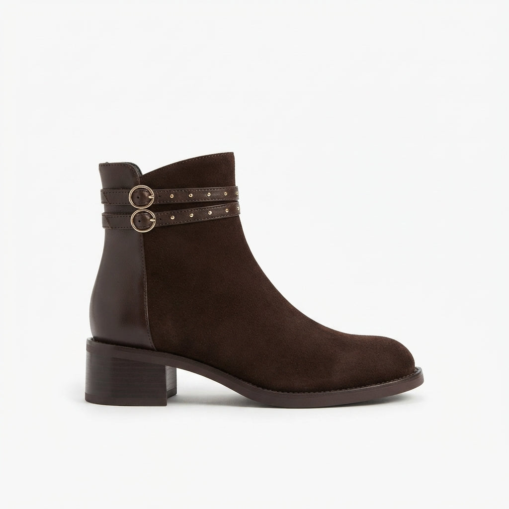 Studded Suede Ankle Boots, Double Strap Stacked Heel