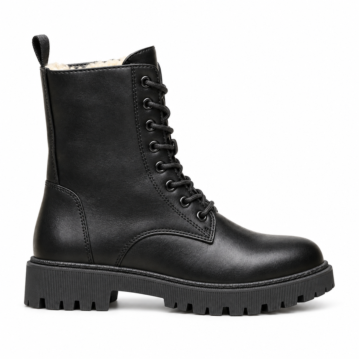 Fleece Lined Combat Boots, Lace Up Chunky Lug Sole