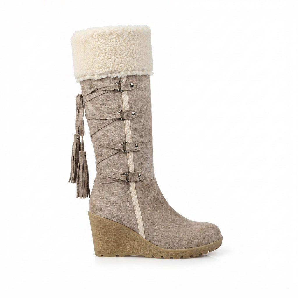 Faux Shearling Knee High Boots, Wedge Platform Sole