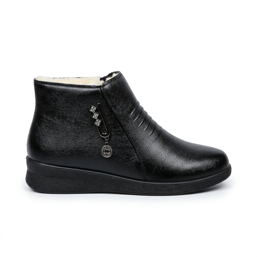 Shearling Lined Ankle Boots, Side Zip Low Block Heel