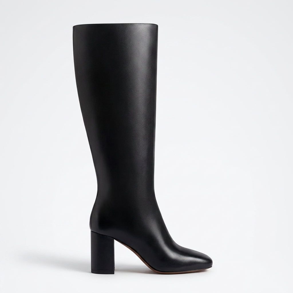 Heeled Knee High Leather Boots, Cushioned Side Zip