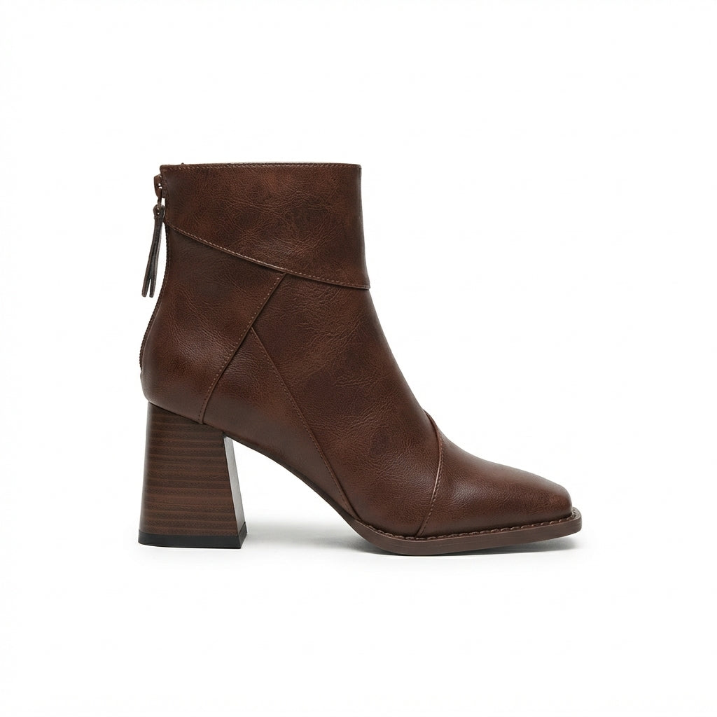 Leather-Look Ankle Boots, Side Zip Block Heel Style