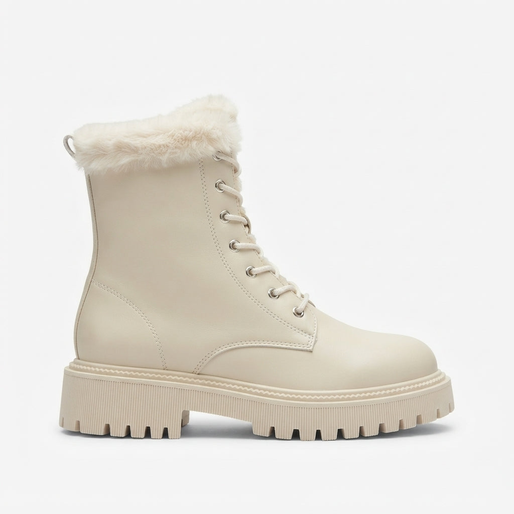Faux Fur Lined Combat Boots, Lace Up Chunky Lug Sole