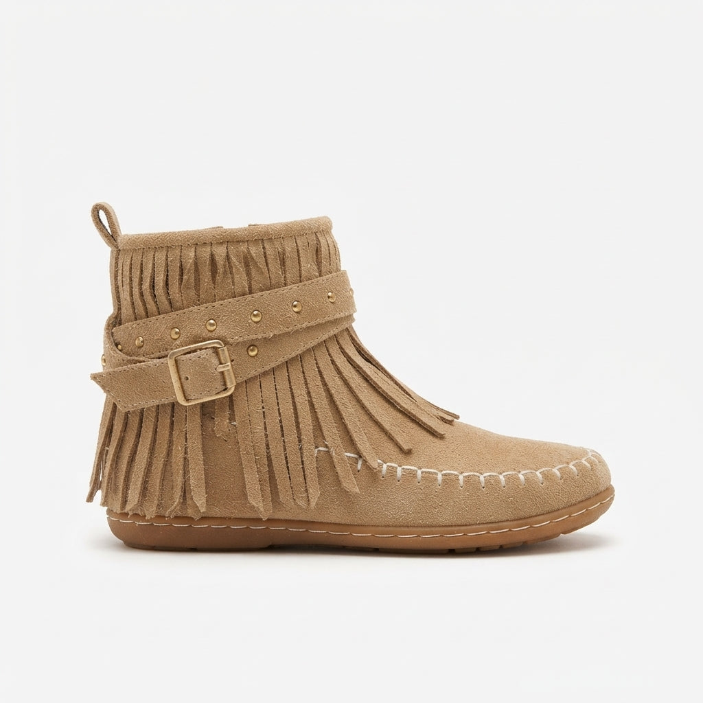 Suede Fringe Ankle Boots, Flat Moccasin Stitched Sole