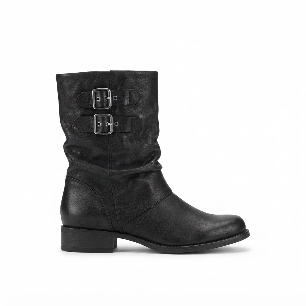 Slouch Biker Boots, Twin Buckle Round Toe Block Heel