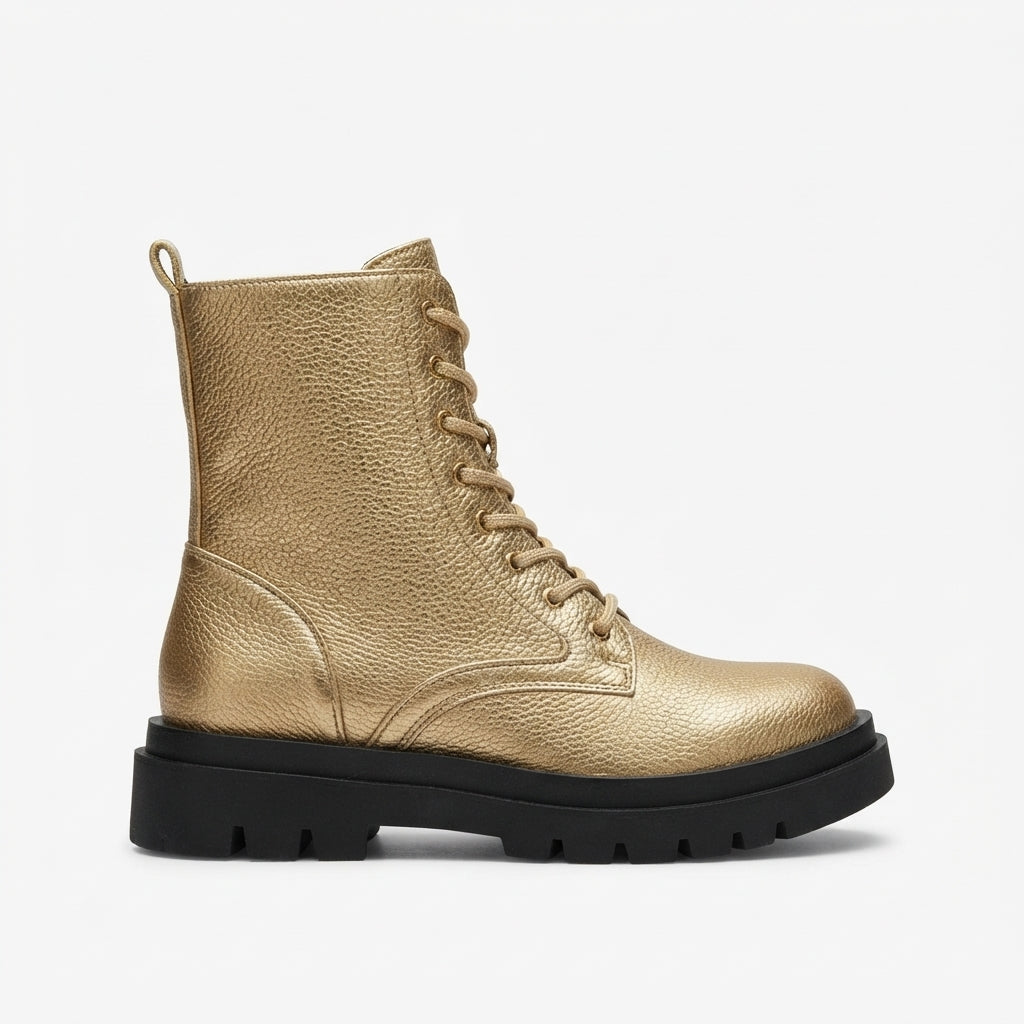 Platform Combat Boots, Pebbled Lace-Up Chunky Lug Sole