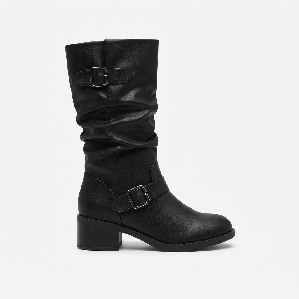 Buckle Strap Knee High Boots, Slouchy Shaft Block Heel