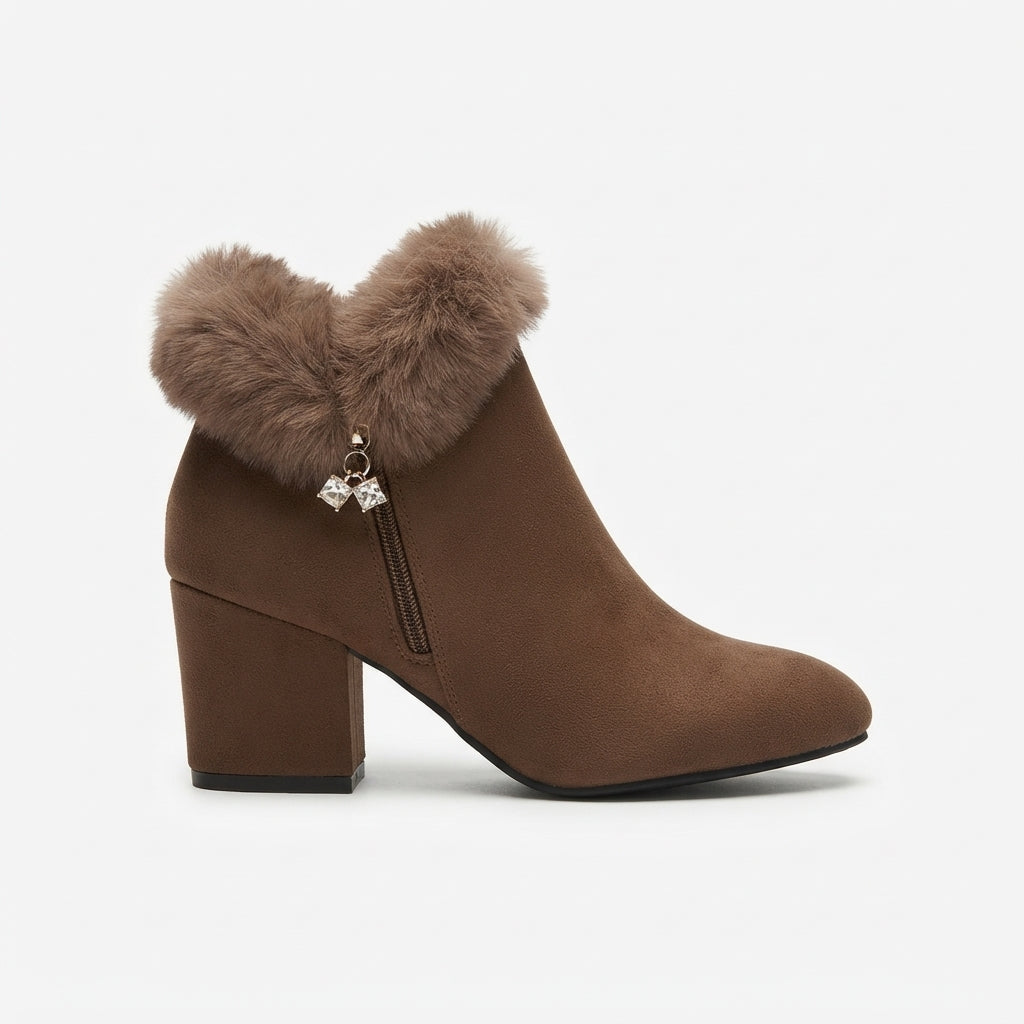 Fur Collar Ankle Boots, Block Heel Zip Up Winter Wear