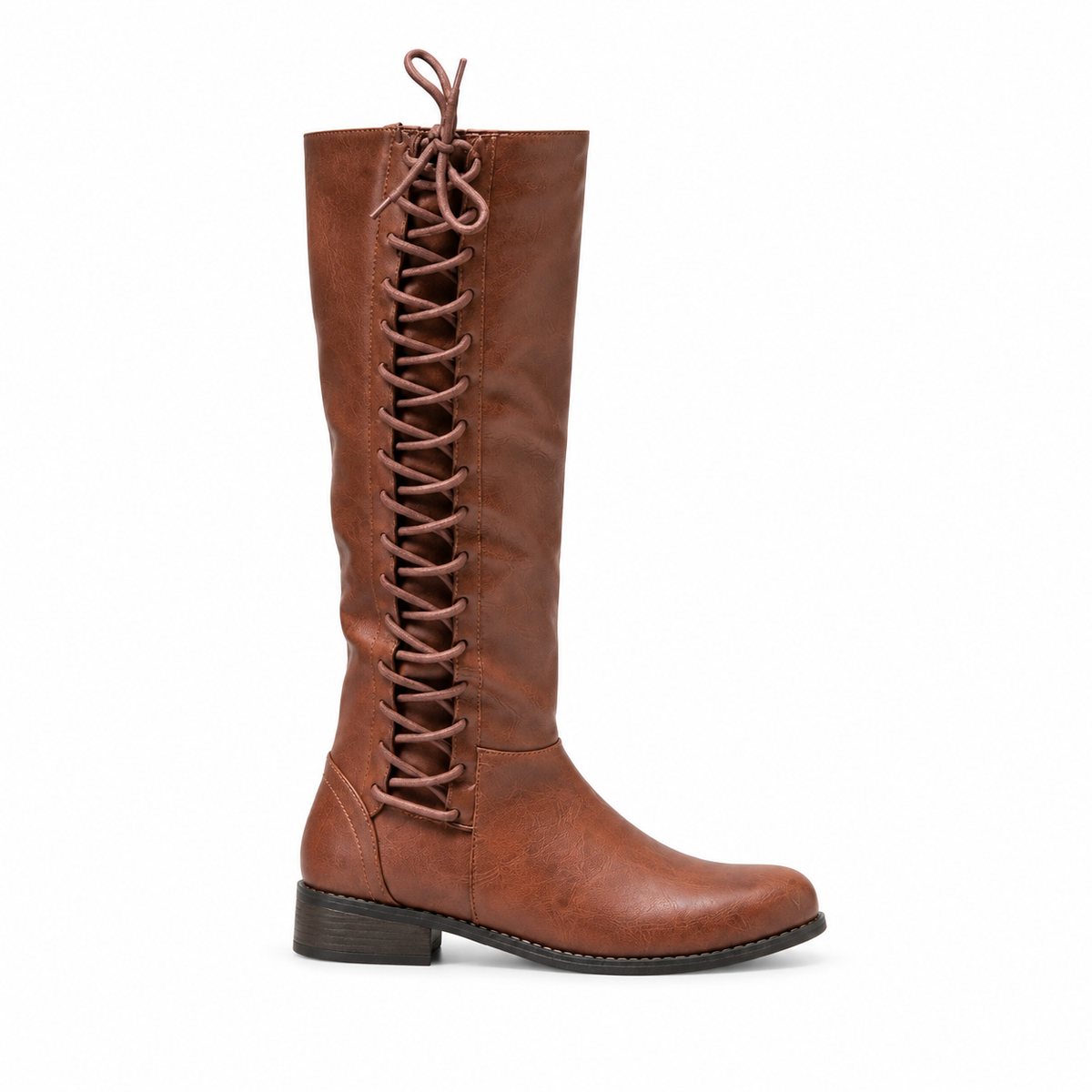 Leather Look Knee High Boots, Lace Up Front Side Zip