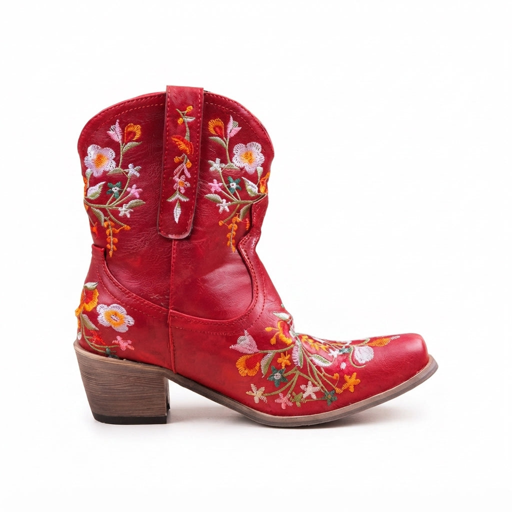 Waterproof Leather Cowboy Boots, Floral Embroidered