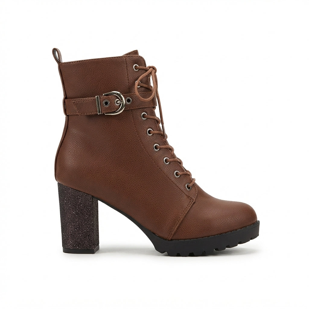 Block Heel Combat Boots, Full Lace-Up with Lug Sole