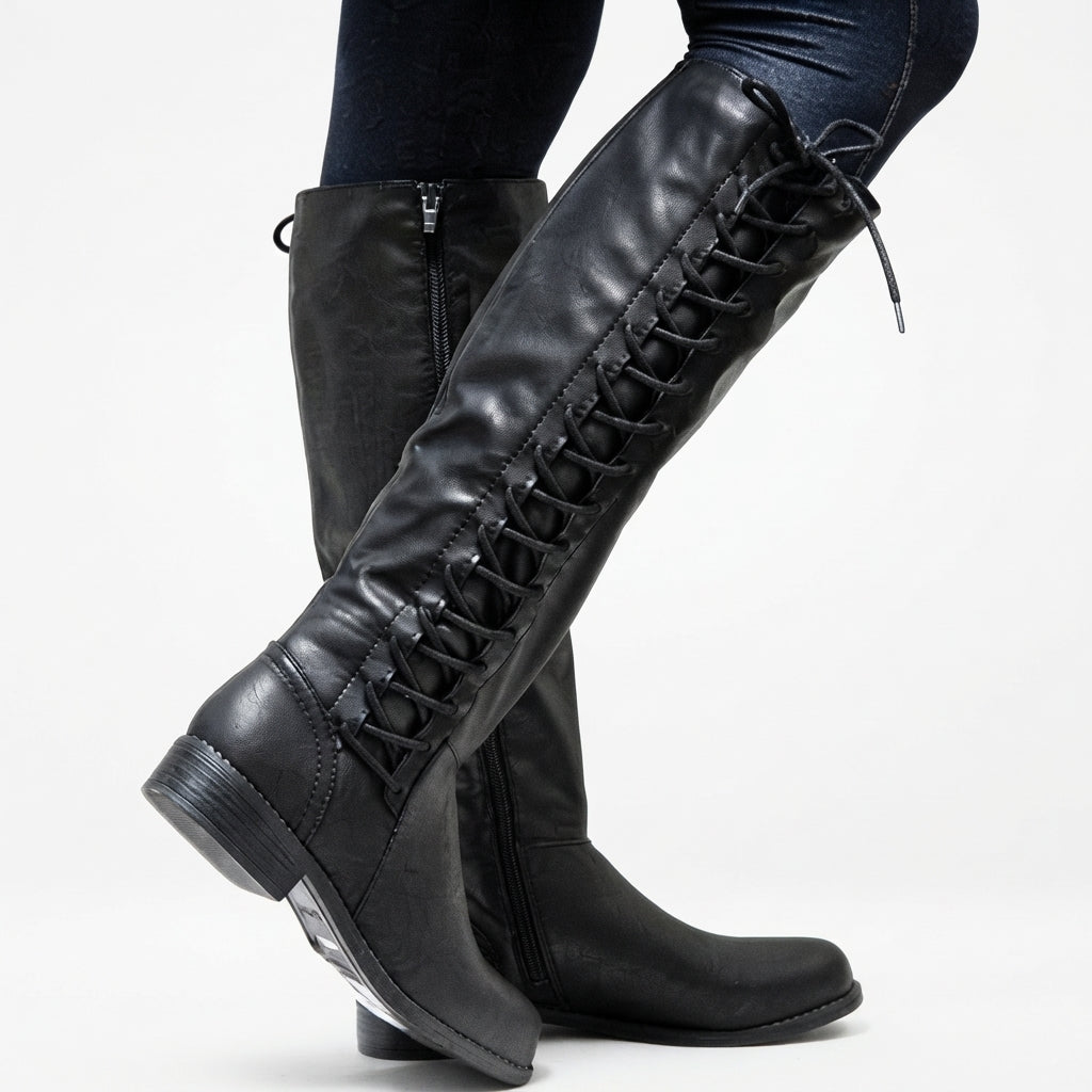 Leather Look Knee High Boots, Lace Up Front Side Zip