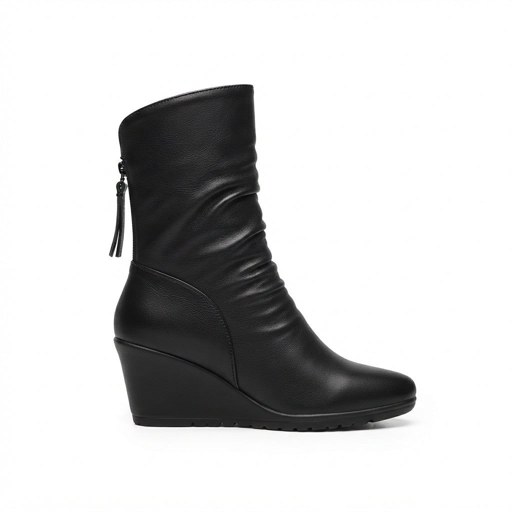 Mid Calf Slouch Leather Boots, Wedge Heel Side Zip